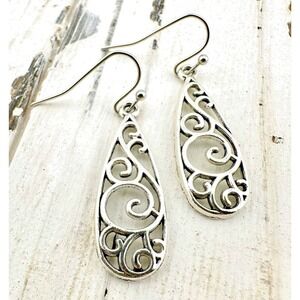 Silver Tone Filigree Swirl Teardrop Earrings